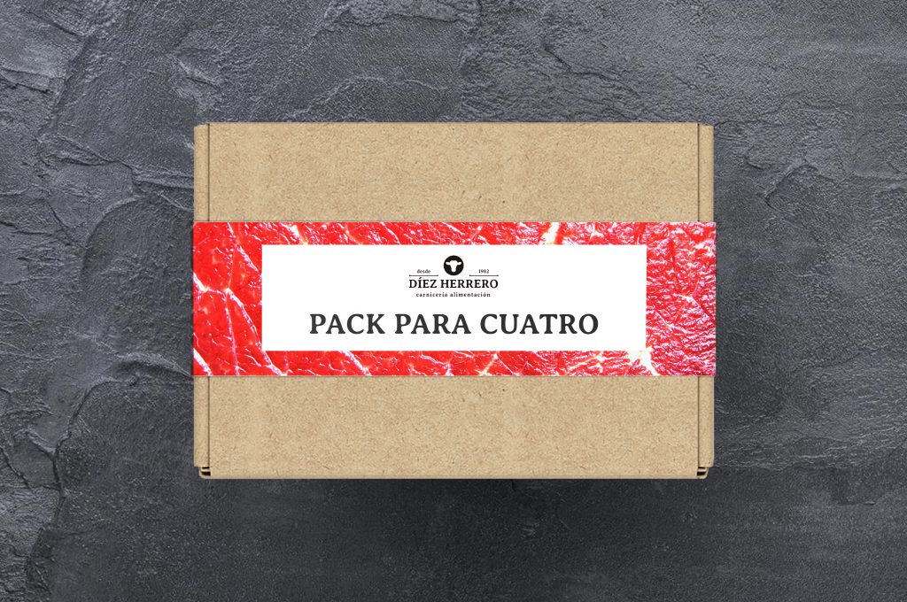 Pack de productos para cuatro personas compuesto por: secreto, salchichas, muslos y costillas.